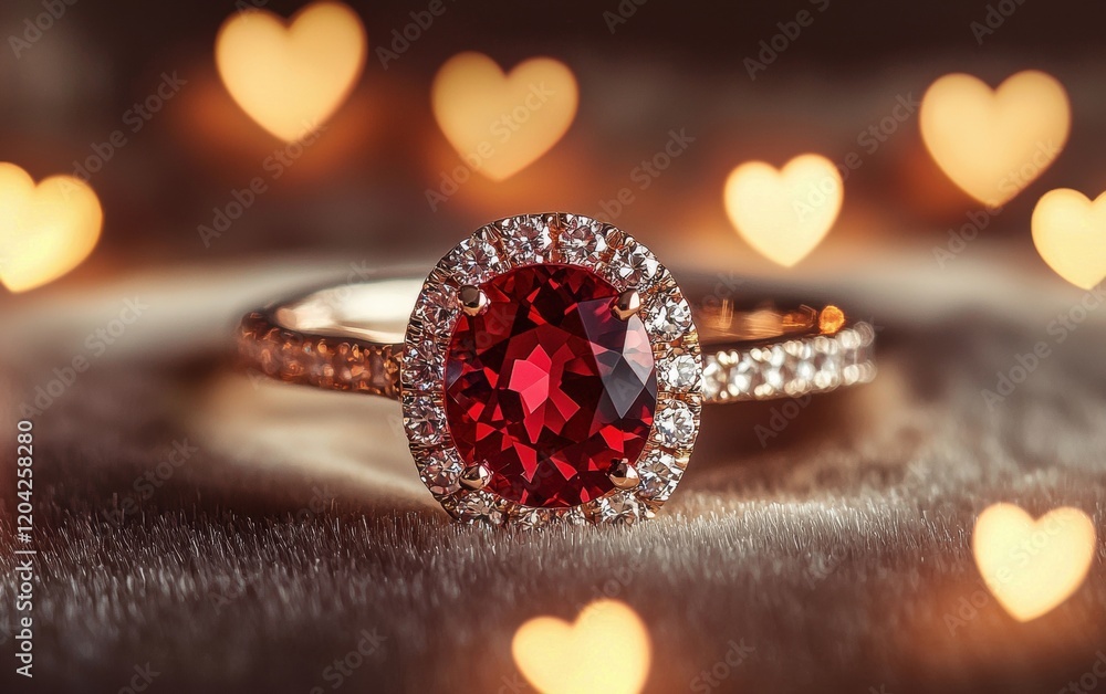 A bold red ruby ring surrounded by tiny diamonds, displayed on a velvet cream background with glowing hearts for valentines day A bold red ruby ring surrounded by tiny diamonds, displayed on a velvet cream background with glowing hearts for valentines day