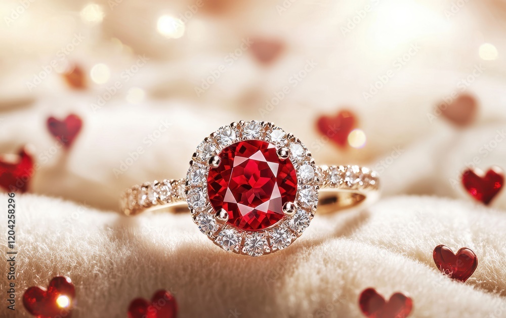 A bold red ruby ring surrounded by tiny diamonds, displayed on a velvet cream background with glowing hearts for valentines day A bold red ruby ring surrounded by tiny diamonds, displayed on a velvet cream background with glowing hearts for valentines day