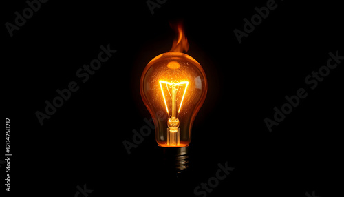 light bulb on fire on black background, pop art, with white tones