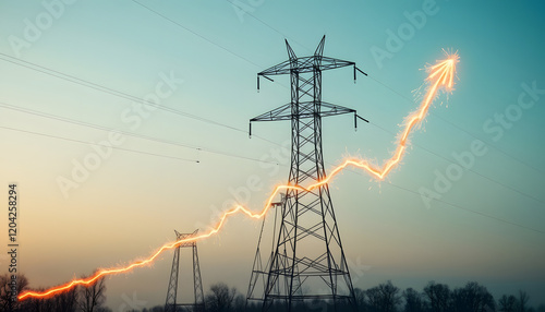 Transmission tower and raising sparkline chart representing electricity prices rise during global energy crisis, dramatic, with white tones photo