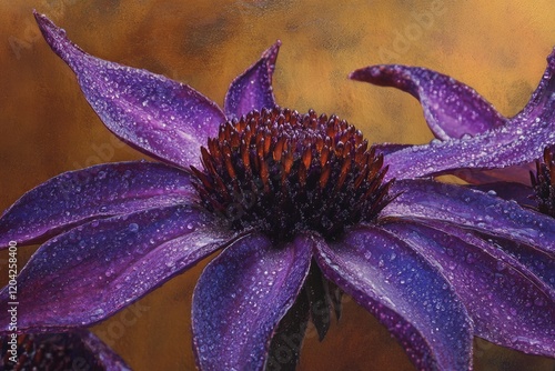 A vibrant purple flower with water droplets, exhibiting exquisite detail and texture against a warm brown backdrop. photo