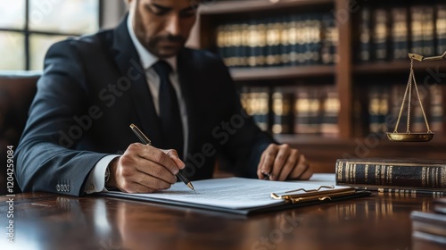 Caucasian male lawyer signing documents in office with law books and scales