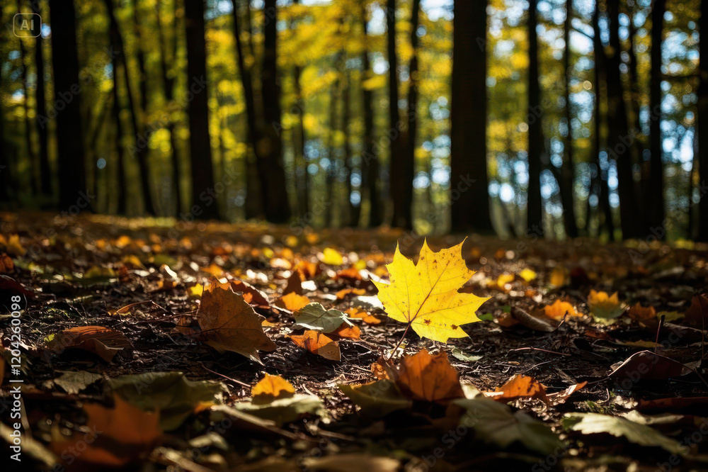 A panoramic view of a sun-dappled forest floor, showcasing a mosaic of fallen leaves A panoramic view of a sun-dappled forest floor, showcasing a mosaic of fallen leaves