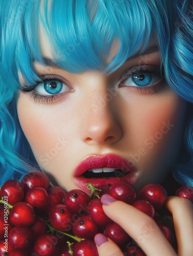 Modern woman blue haired eating berries photo