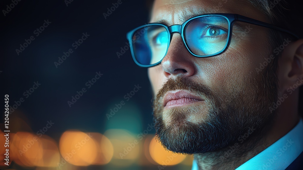 Caucasian male with glasses, beard, and thoughtful expression against blurred city lights Caucasian male with glasses, beard, and thoughtful expression against blurred city lights