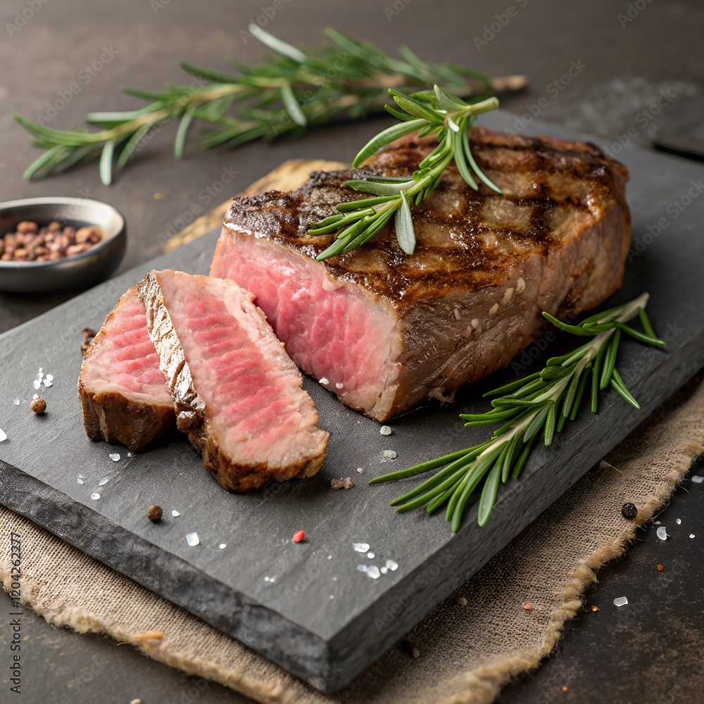 steak on a stone board with rosemary steak on a stone board with rosemary