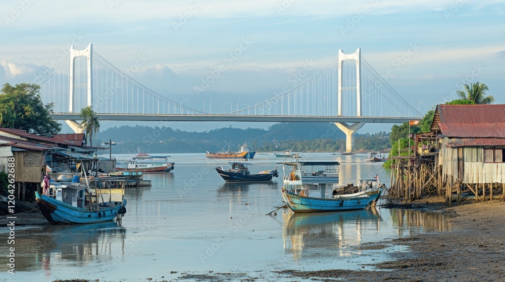 Kendari, Indonesia - December 05 2020: Kendari Bay Bridge (Jembatan Teluk Kendari) is a bridge that connecting the Kota Lama port area with the Bungkutoko Island side Kendari, Indonesia - December 05 2020: Kendari Bay Bridge (Jembatan Teluk Kendari) is a bridge that connecting the Kota Lama port area with the Bungkutoko Island side