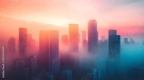 Dramatic Cityscape in Hazy Sunset Glow Over Modern Urban Skyline