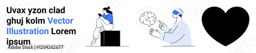 Woman with smartphone on a cube, person with VR headset at a desk, large black heart. Ideal for technology, communication, creativity, healthcare, VR, digital transformation and design themes