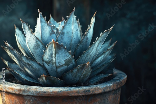 A striking blue agave plant with sharp leaves, potted in terracotta, displays a captivating texture and color.