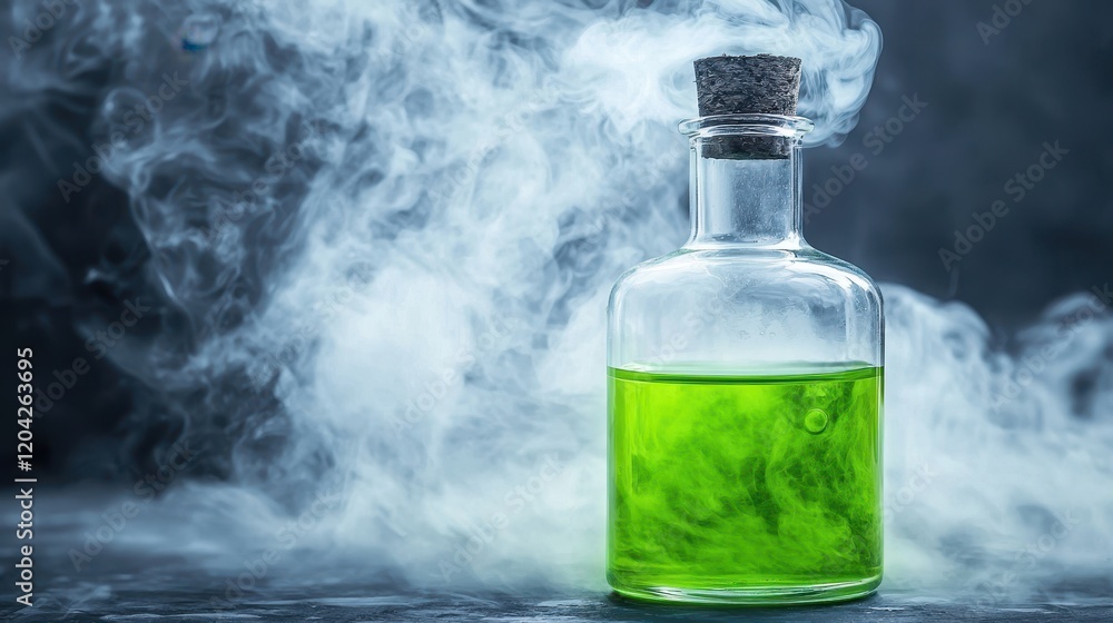 Obraz premium Toxic chemical solution in a flask smoky background photography mysterious atmosphere green molecule concept