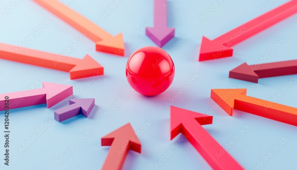 Arrows arranged in a circle with a central sphere, symbolizing convergence, direction, teamwork, and leadership in a business strategy metaphor. Arrows arranged in a circle with a central sphere, symbolizing convergence, direction, teamwork, and leadership in a business strategy metaphor.
