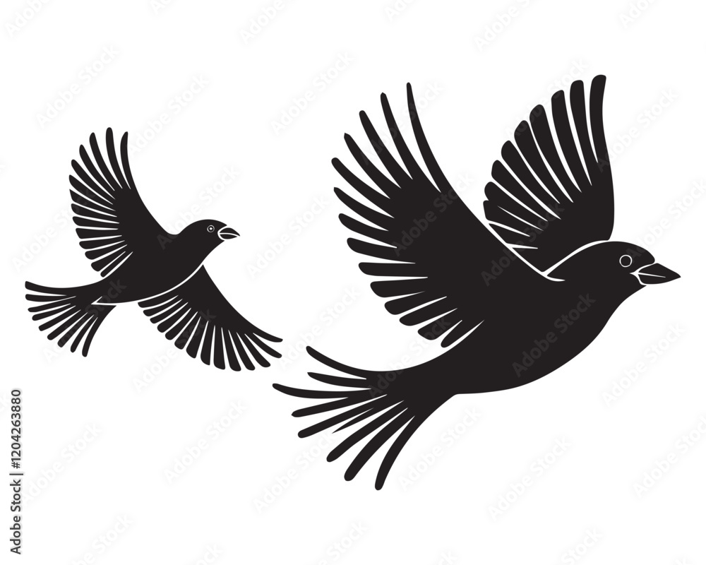 Obraz premium A minimalist, beautiful linocut illustration of a flying Grosbeak bird in silhouette. This black vector artwork captures the elegant form and graceful movement of the bird.