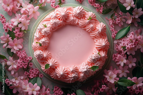 Pink cake decorated with swirls of frosting, surrounded by pink flowers.