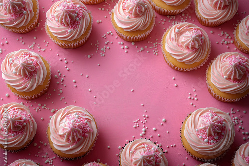 Pink cupcakes with sprinkles arranged on a pink background. photo