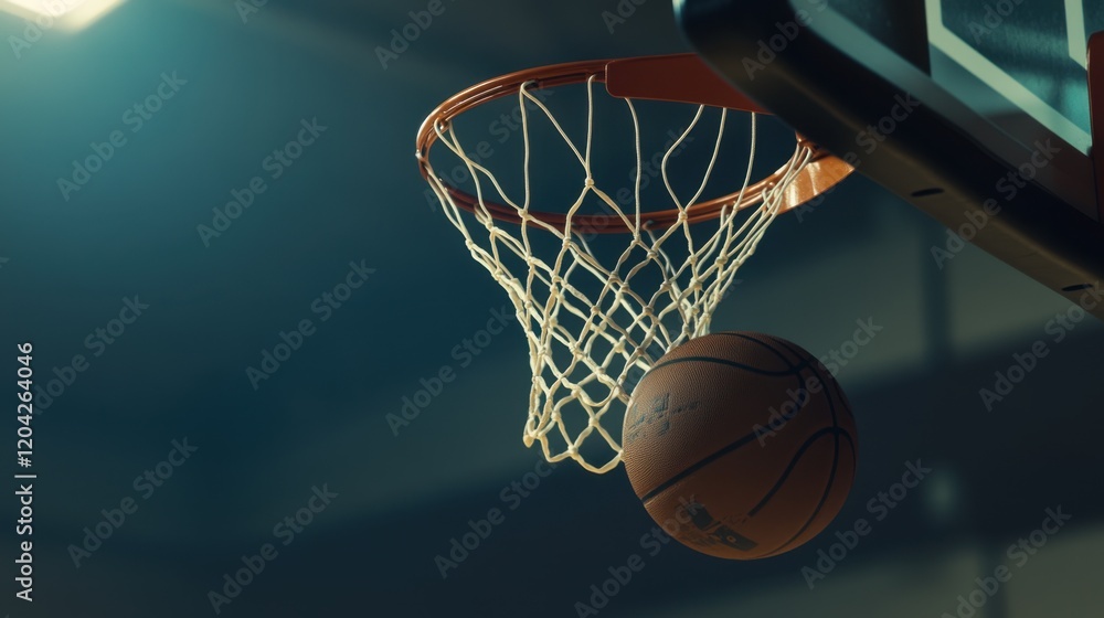 Basketball falling into hoop in dim light Basketball falling into hoop in dim light