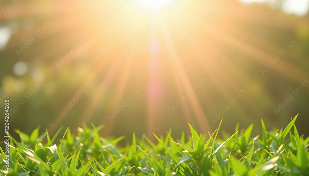 Fototapeta premium Green Grass with Sun Rays: Nature and Spring Background