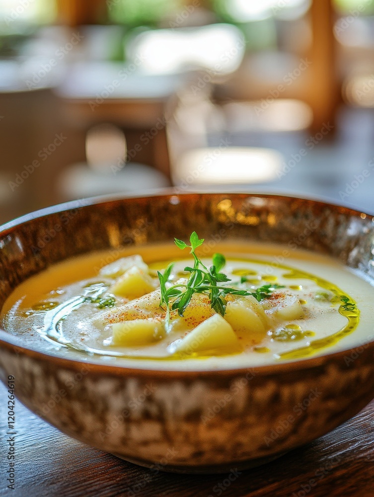 Homestyle potato leek soup in rustic bowl exuding classic comfort and flavor. Concept Potato Leek Soup, Comfort Food, Rustic Bowl, Homestyle Recipe, Classic Flavor Homestyle potato leek soup in rustic bowl exuding classic comfort and flavor. Concept Potato Leek Soup, Comfort Food, Rustic Bowl, Homestyle Recipe, Classic Flavor