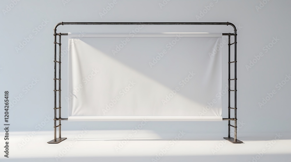 Blank White Banner on Industrial Metal Frame Mockup Blank White Banner on Industrial Metal Frame Mockup
