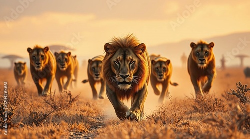 A pride of lions in a national park, featuring a majestic lion and lioness amidst their group.