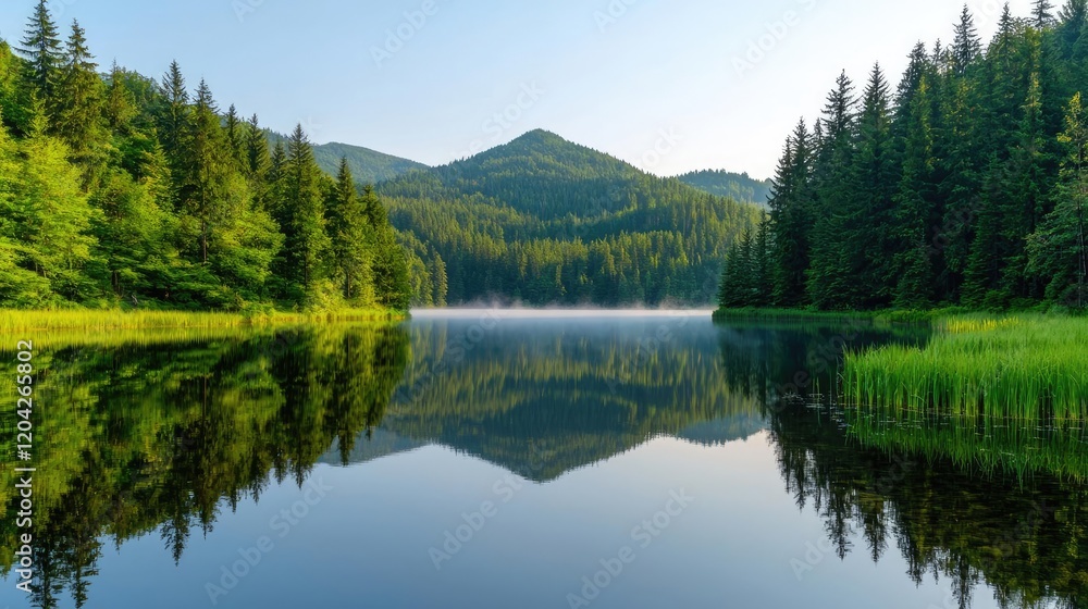 Fototapeta premium Serene mountain lake reflection at sunrise, ideal for travel brochures