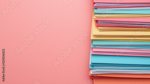 tax submit income payment concept. Colorful stacked papers on a pink background.