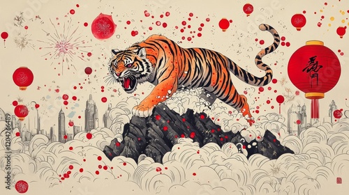 A vibrant tiger illustration amid festive decorations and clouds. photo