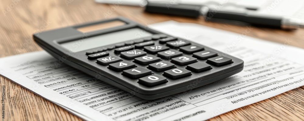 Calculator on financial documents with pen on wooden desk Calculator on financial documents with pen on wooden desk