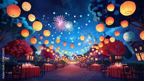 A festive night scene with colorful lanterns and fireworks. photo