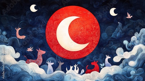 Whimsical night scene with animals under a glowing moon. photo