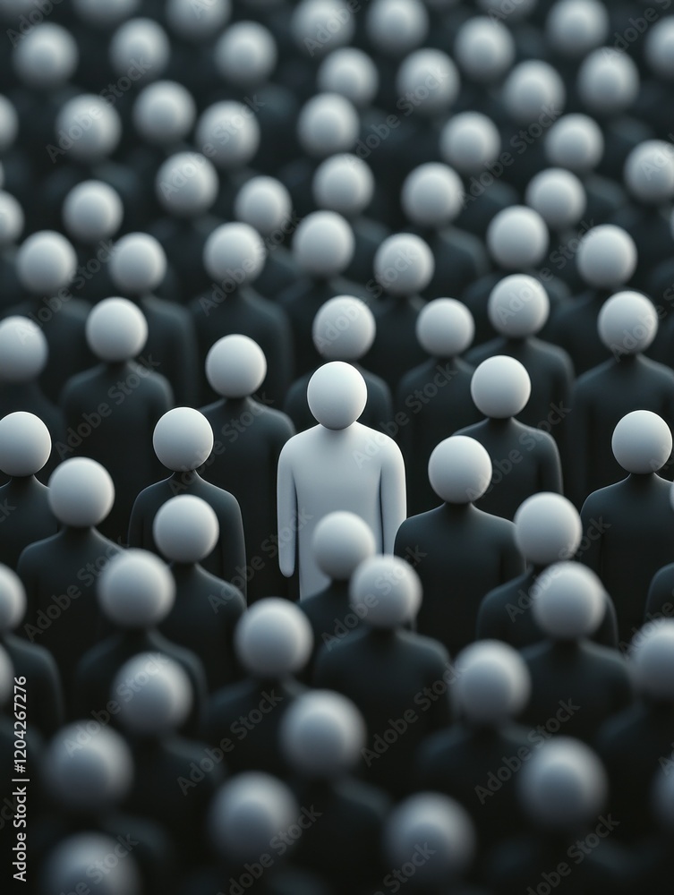 unique 3D illustration of leader standing out among crowd of identical figures, symbolizing individuality and leadership in sea of conformity unique 3D illustration of leader standing out among crowd of identical figures, symbolizing individuality and leadership in sea of conformity
