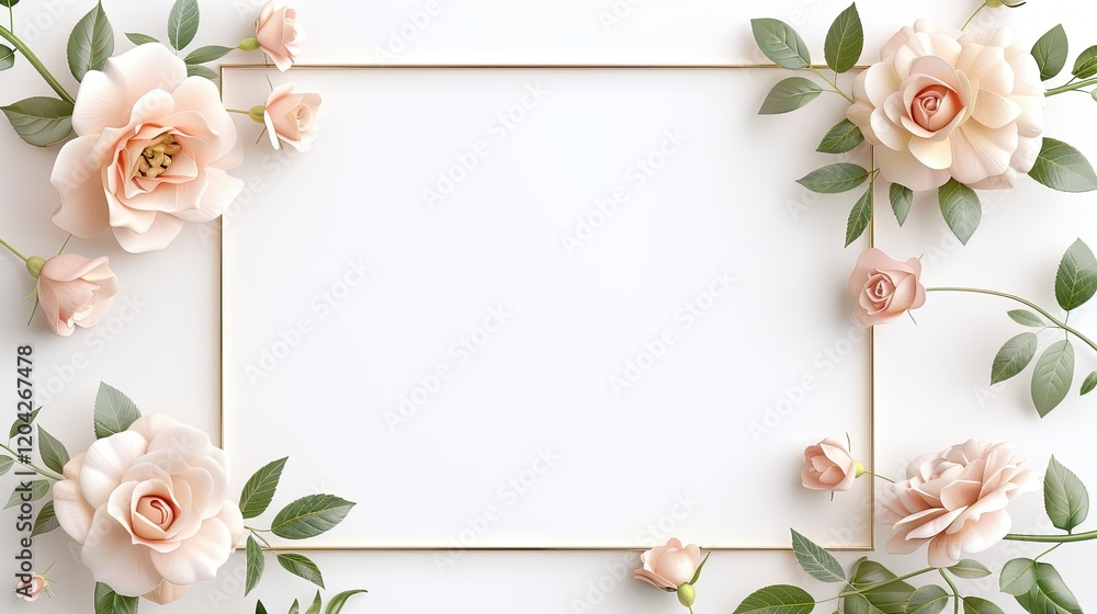 Floral Frame Design with Soft Pink Roses and Green Leaves Floral Frame Design with Soft Pink Roses and Green Leaves