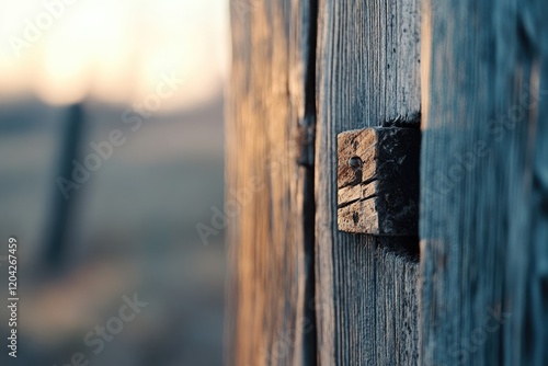 Close-up of weathered wooden fence post with a worn wooden peg at sunset. photo