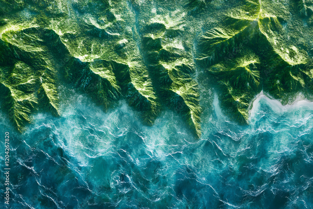 Obraz premium Lush Tropical Landscape with Mountains and Forests at Sunrise