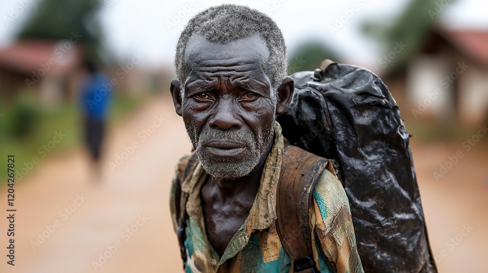 Obraz premium Elderly African man carrying a heavy bag on a dirt road.