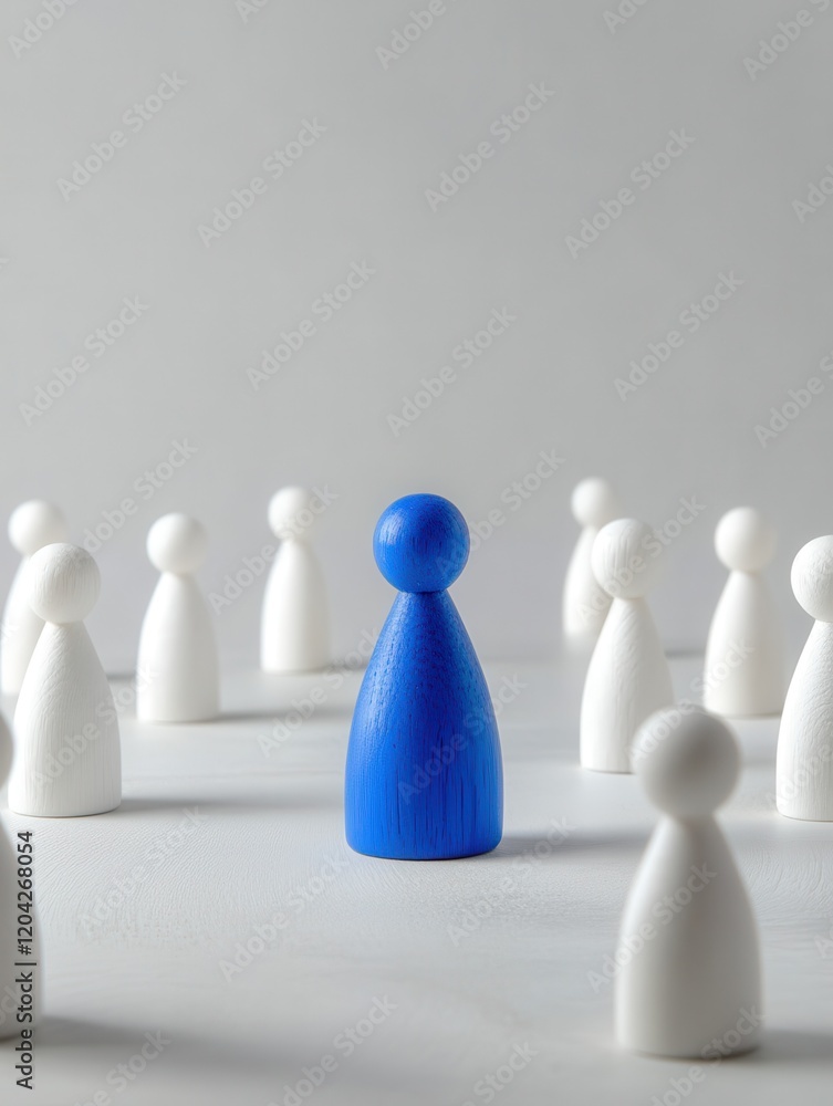a leader or manager in teamwork and human resources concept, A blue wooden toy figure stands out among the white ones on the table a leader or manager in teamwork and human resources concept, A blue wooden toy figure stands out among the white ones on the table