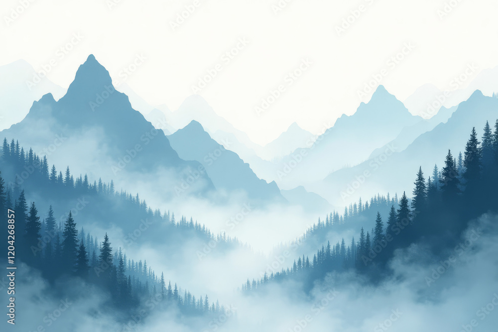 Hand-painted watercolor Misty Mountains, representing mysterious beauty Hand-painted watercolor Misty Mountains, representing mysterious beauty