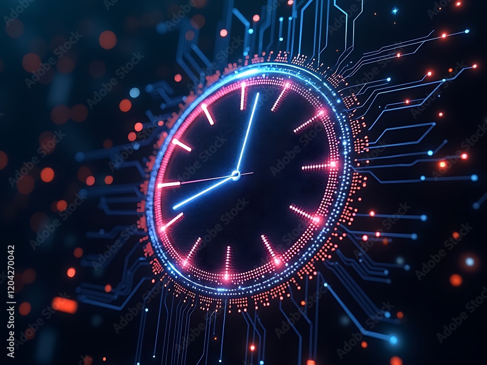 Obraz premium Futuristic digital clock with glowing circuits, symbolizing technology, time management, and innovation.