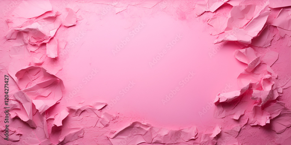 Obraz premium Valentine's Day photograph featuring textured, crumpled pink paper edges surrounding a smooth, circular pink background, creating a striking contrast