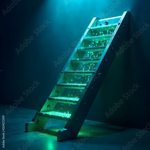 Futuristic digital background with a ladder embedded with cascading binary code, symbolizing the ascent through technology and information photo