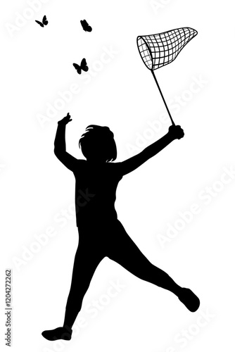Children silhouettes. Little boy catch butterfly with a scoop-net. Vector illustration.	

