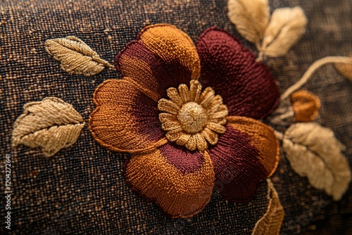 Close-up of intricate embroidered flower on dark fabric, showcasing autumnal colors and detailed stitching.