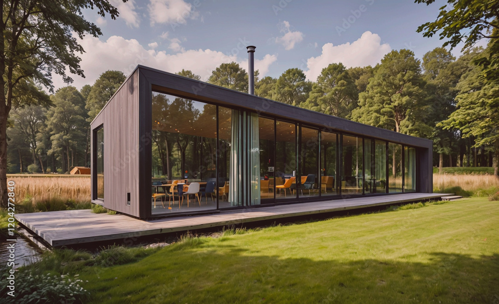 A small house with a large glass window and a chimney. The house is surrounded by trees and grass A small house with a large glass window and a chimney. The house is surrounded by trees and grass