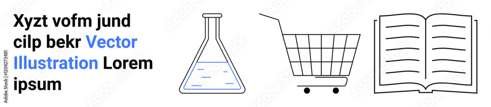 Laboratory flask, shopping cart, and open book symbols placed adjacently. Text in black with blue Vector Illustration. Ideal for education, e-commerce, lab research, marketing, textbooks, online Laboratory flask, shopping cart, and open book symbols placed adjacently. Text in black with blue Vector Illustration. Ideal for education, e-commerce, lab research, marketing, textbooks, online