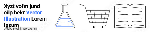 Laboratory flask, shopping cart, and open book symbols placed adjacently. Text in black with blue Vector Illustration. Ideal for education, e-commerce, lab research, marketing, textbooks, online