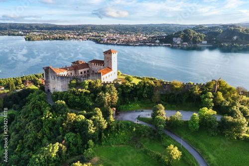Aerial view of Rocca Borromea of Angera with Arona in the background, Angera, Varese province, Lombardy, Italy