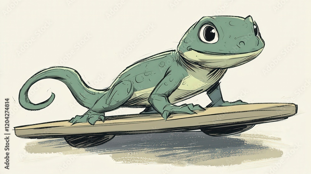 Fototapeta premium Friendly Cartoon Lizard Character Skating on a Wooden Board
