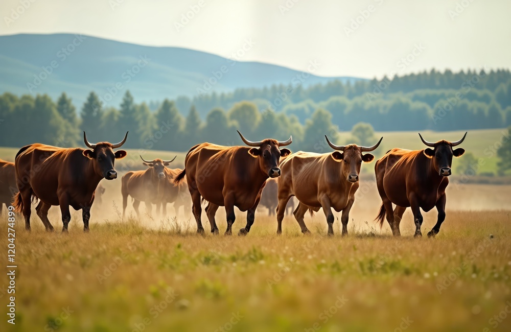Herd of brown cattle grazing in golden meadow. Cattle walking in pasture. Pasture green, grassland. Background shows rolling hills, trees. Scenic farming landscape in spring. Crop growing behind Herd of brown cattle grazing in golden meadow. Cattle walking in pasture. Pasture green, grassland. Background shows rolling hills, trees. Scenic farming landscape in spring. Crop growing behind