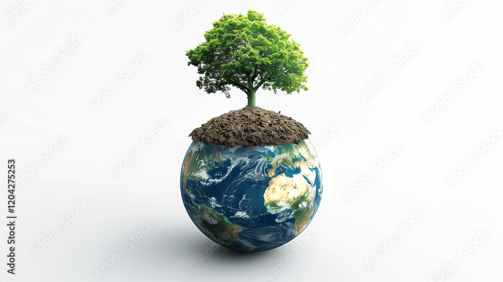 Earth with Tree Growing on Top Symbolizing Environmental Conservation and Global Sustainability on White Background Earth with Tree Growing on Top Symbolizing Environmental Conservation and Global Sustainability on White Background