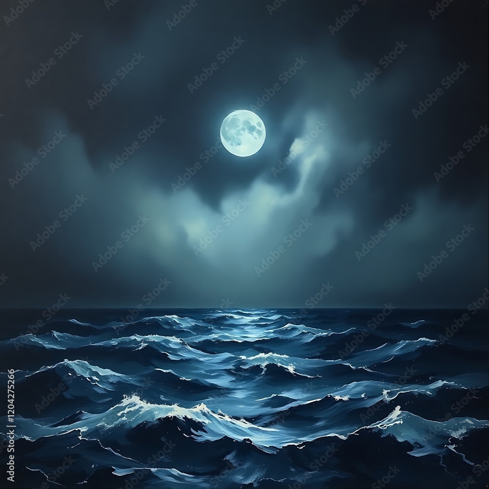 Fototapeta premium Full moon over dark ocean waves at night.